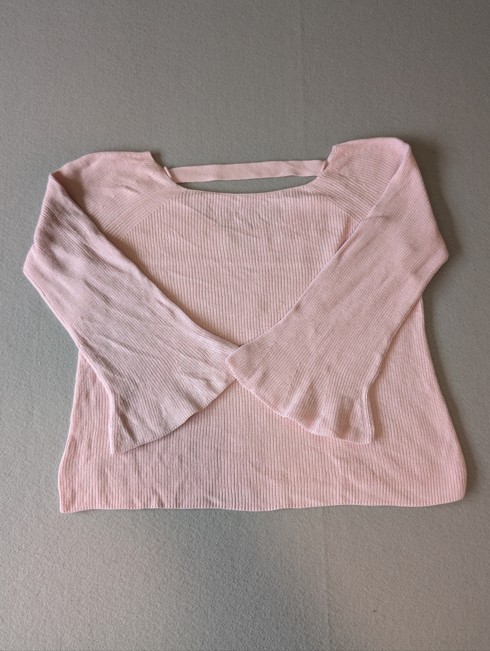 LOFT Pink Strappy Back Bell Sleeve Ribbed Knit Cotton Silk Blend Sweater Size M - Picture 3 of 12